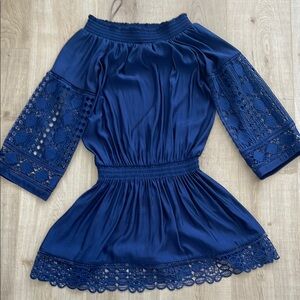 Ramy Brook Blue Smocked Mini Dress with lace inserts Small S